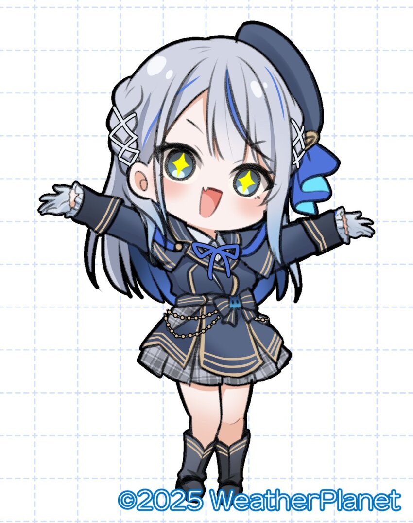 +_+ 1girl :d amagai_ruka black_boots blue_hair blue_ribbon blush boots braid chibi collared_shirt commentary_request copyright_name dotted_line fang frilled_sleeves frills full_body gloves grey_eyes grey_gloves grey_hair grey_jacket grey_skirt grid_background half_gloves highres jacket kadose_ara long_hair multicolored_hair neck_ribbon open_mouth outstretched_arms plaid_clothes plaid_skirt pleated_skirt ribbon shirt skirt smile solo spread_arms standing streaked_hair two-tone_hair v-shaped_eyebrows very_long_hair virtual_youtuber weather_planet white_background white_shirt