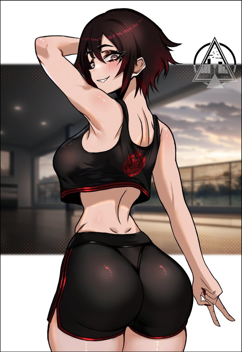1girl artist_logo artist_name ass back bare_shoulders black_hair black_shorts blush breasts crop_top dizzle dolphin_shorts from_behind gradient_hair grey_eyes highres huge_ass large_breasts logo looking_back multicolored_hair narrow_waist red_hair ruby_rose rwby short_hair short_shorts shorts sideboob sleeveless smile solo tank_top v workout_clothes