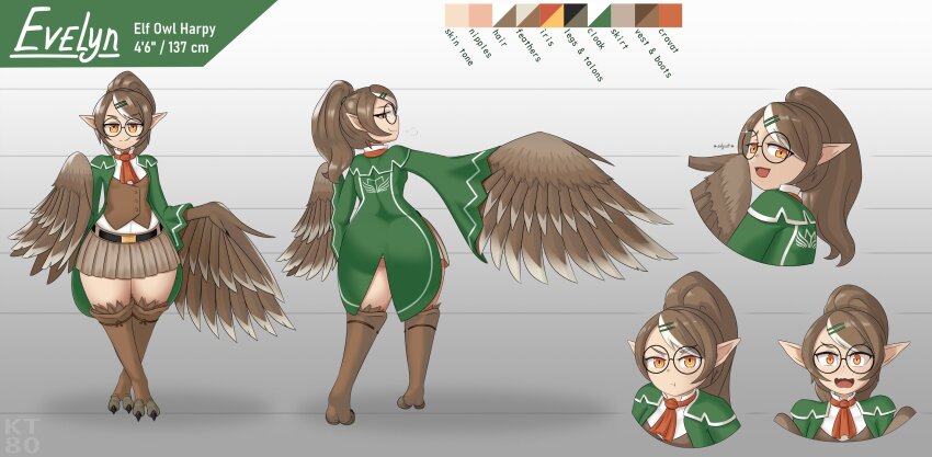 1girl belt bird_legs black_belt blush breasts brown_feathers brown_hair brown_skirt brown_thighhighs brown_vest brown_wings character_profile coat coattails commentary english_commentary evelyn_(kibix1) feathered_wings feathers glasses green_coat hair_ornament hairclip harpy highres kt80at long_hair monster_girl multicolored_hair multiple_views open_mouth orange_eyes original pleated_skirt pointy_ears ponytail pout round_eyewear shirt skirt small_breasts streaked_hair talons thighhighs toeless_legwear two-tone_hair vest white_hair white_shirt wide_hips winged_arms wings