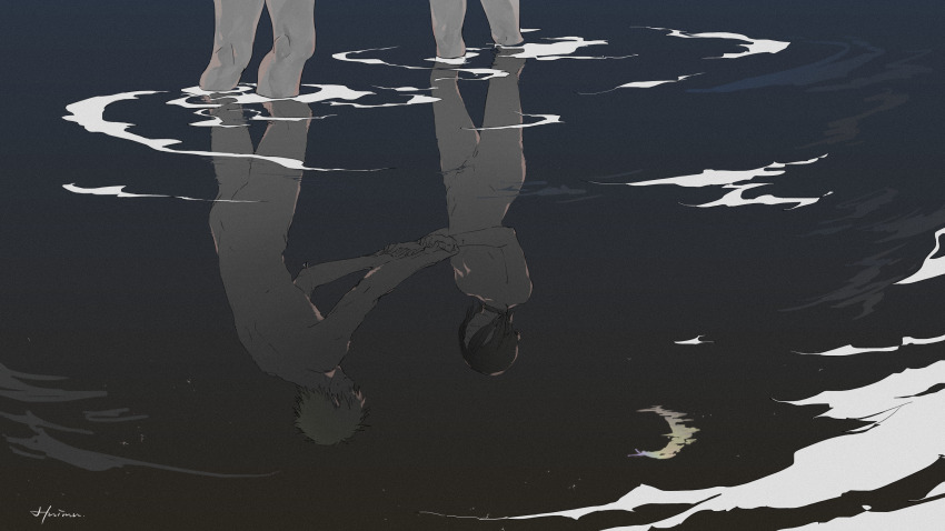 1boy 1girl absurdres chainsaw_man chinese_commentary commentary_request completely_nude crescent_moon denji_(chainsaw_man) highres holding_hands huimuuu moon night night_sky nude reflection reze_(chainsaw_man) signature sky wading water