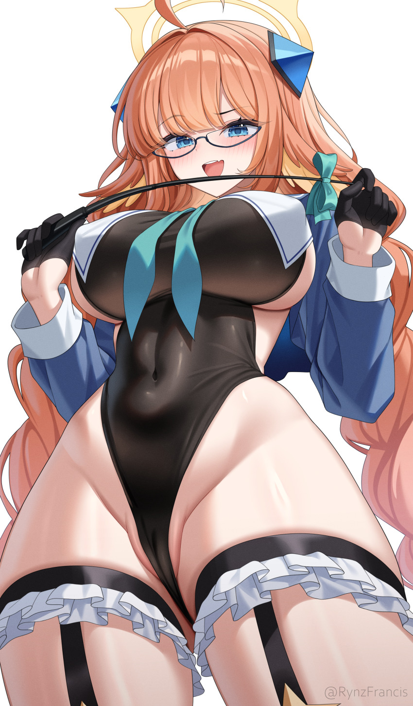 1girl absurdres ahoge black-framed_eyewear black_leotard blue_archive blue_eyes blue_shirt braid breast_curtains breasts cameltoe commentary covered_erect_nipples covered_navel cowboy_shot frilled_thigh_strap garter_straps glasses halo highleg highleg_leotard highres holding holding_riding_crop impossible_clothes impossible_leotard large_breasts leotard long_hair looking_at_viewer official_alternate_costume open_clothes open_mouth open_shirt orange_hair partially_visible_vulva raised_eyebrow riding_crop rynzfrancis semi-rimless_eyewear shimiko_(blue_archive) shimiko_(magical)_(blue_archive) shirt smile solo thick_thighs thigh_strap thighs twin_braids twintails under-rim_eyewear very_long_hair white_background
