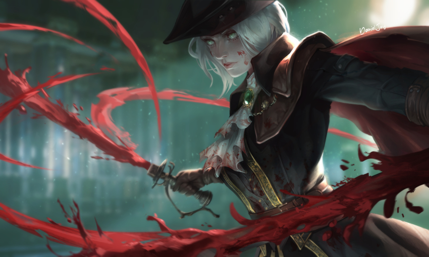 1girl ascot blood blood_on_clothes blood_on_face bloodborne cape danieljoyniel fromsoftware gem gloves green_eyes hat highres holding holding_weapon lady_maria_of_the_astral_clocktower rakuyo_(bloodborne) solo sword tricorne weapon white_hair