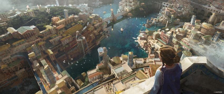1girl absurdres bird blue_cloak blue_dress braid bridge city cloak dress fantasy fire french_braid from_above from_behind highres looking_down numenor official_art renart rings_of_power river solo tolkien&#039;s_legendarium tower water watercraft
