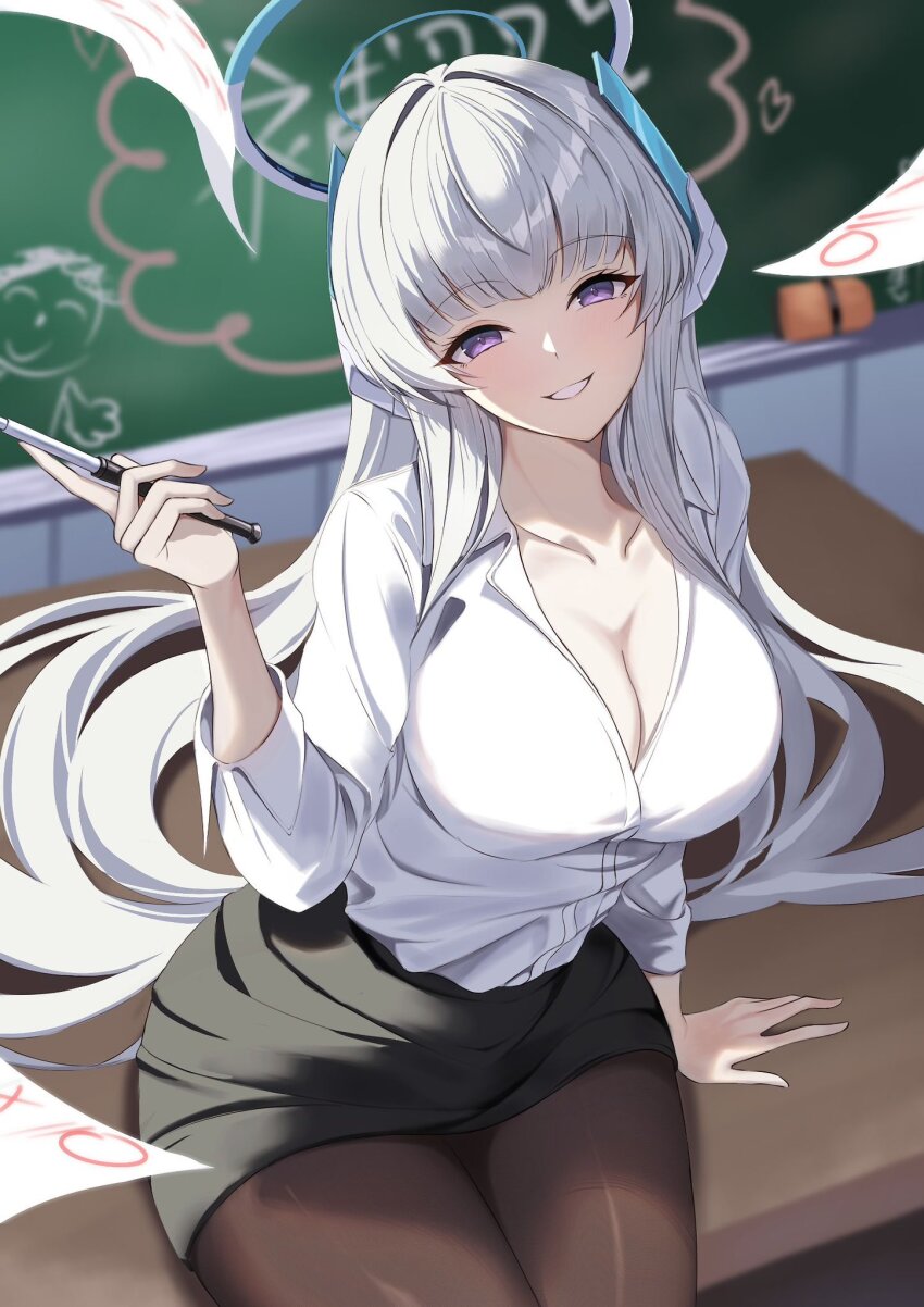 1girl alternate_costume black_pantyhose blue_archive breasts chalkboard cleavage halo headgear highres holding holding_pointer jassie26667765 large_breasts long_hair looking_at_viewer mechanical_halo noa_(blue_archive) pantyhose pencil_skirt pointer purple_eyes shirt shirt_tucked_in sitting skirt smile solo teacher white_hair white_halo white_shirt