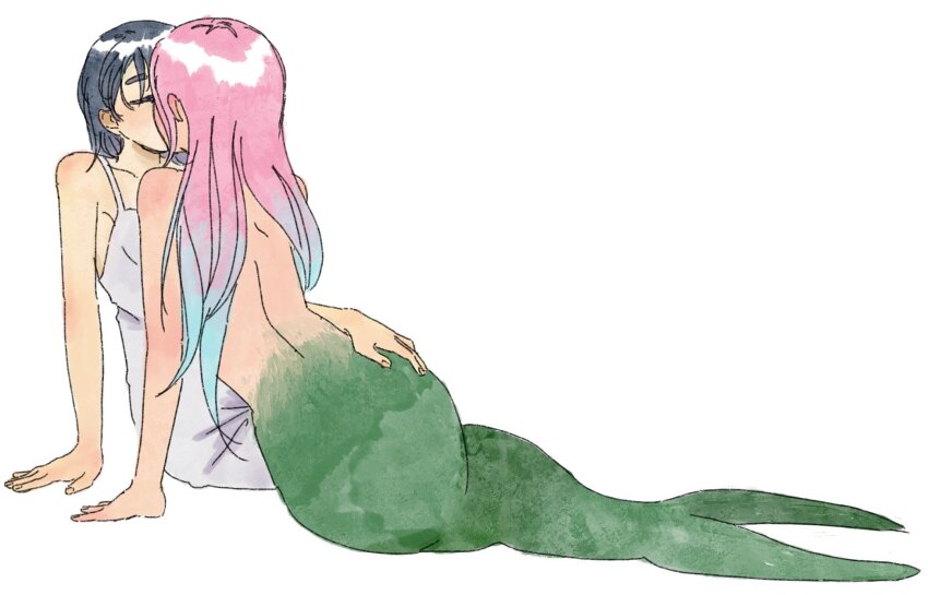 2girls alien_stage black_hair blue_hair closed_eyes commentary dress gradient_hair green_tail hand_on_another&#039;s_hip hashtag-only_commentary highres kiss long_hair mermaid mizi_(alien_stage) monster_girl motii multicolored_hair multiple_girls pink_hair short_hair simple_background sua_(alien_stage) two-tone_hair very_long_hair white_background white_dress yuri