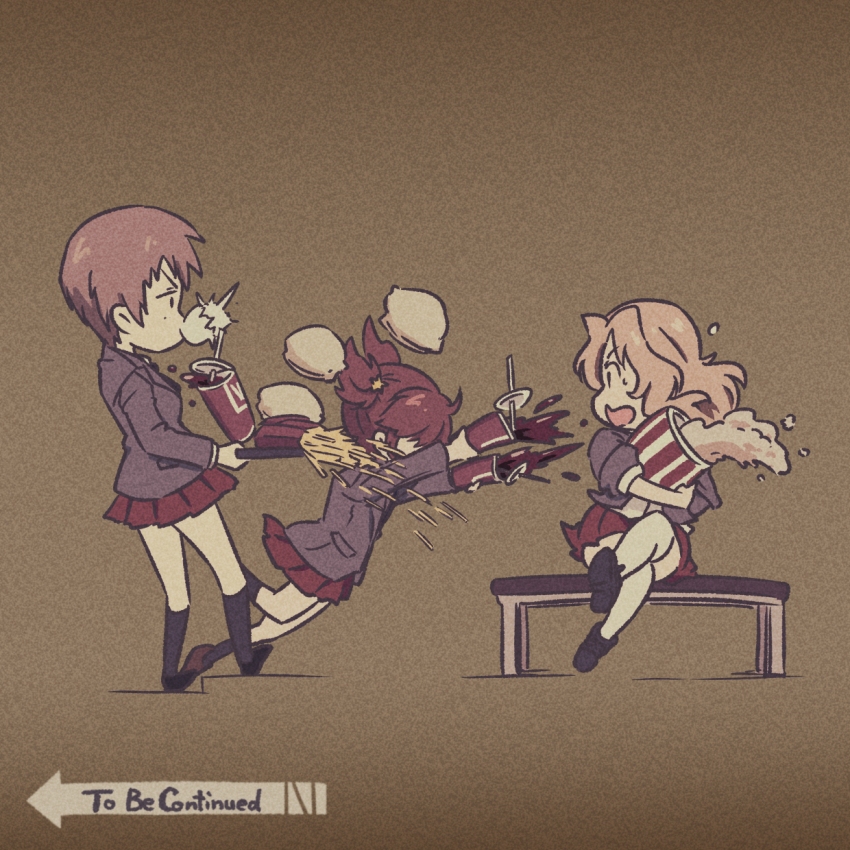3girls alisa_(girls_und_panzer) black_shoes black_socks blazer blonde_hair brown_background brown_hair brown_shoes burger chewing_gum commentary_request drink ehirorotoon english_text food french_fries girls_und_panzer highres holding holding_drink holding_tray jacket kay_(girls_und_panzer) multiple_girls naomi_(girls_und_panzer) necktie open_mouth popcorn saunders_school_uniform school_uniform shoes simple_background skirt socks soda to_be_continued tray tripping twintails