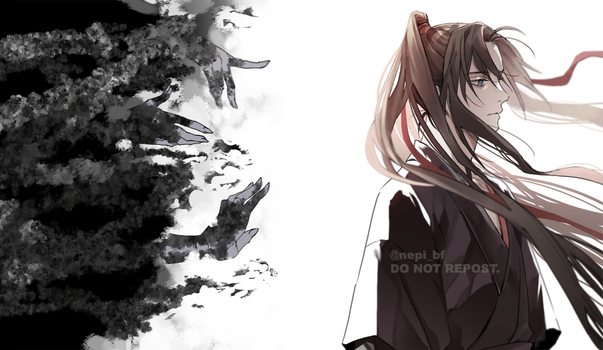 1boy black_hair black_hanfu black_smoke brown_hair chinese_clothes closed_mouth colored_smoke disembodied_hand eyelashes floating_hair from_side grey_eyes hair_ribbon hanfu highres long_hair looking_to_the_side male_focus modao_zushi ponytail red_ribbon ribbon simple_background smoke solo_focus twitter_username upper_body very_long_hair watermark wei_wuxian white_background ykmr_(haga)