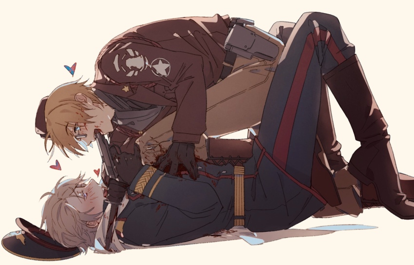 2boys ahoge america_(hetalia) axis_powers_hetalia belt black_gloves black_shirt blonde_hair blood blood_on_clothes blood_on_face bloody_weapon blue_eyes blush boots breast_pocket brown_belt brown_boots brown_hat brown_jacket brown_pants brown_shoes buttons commentary_request dagger fermium.ice fighting glasses gloves green_hat green_jacket green_pants grey-framed_eyewear grey_hair gun hand_on_another&#039;s_chest handgun hat heart holding holding_dagger holding_gun holding_knife holding_weapon jacket knife lapels long_sleeves looking_at_another looking_down looking_up lying makarov_pm male_focus military_hat military_jacket military_uniform multiple_boys on_back open_mouth pants pocket purple_eyes russia_(hetalia) scarf semi-rimless_eyewear shadow shirt shoes short_hair simple_background smile star_(symbol) star_print teeth weapon weapon_in_mouth white_background white_scarf yellow_belt