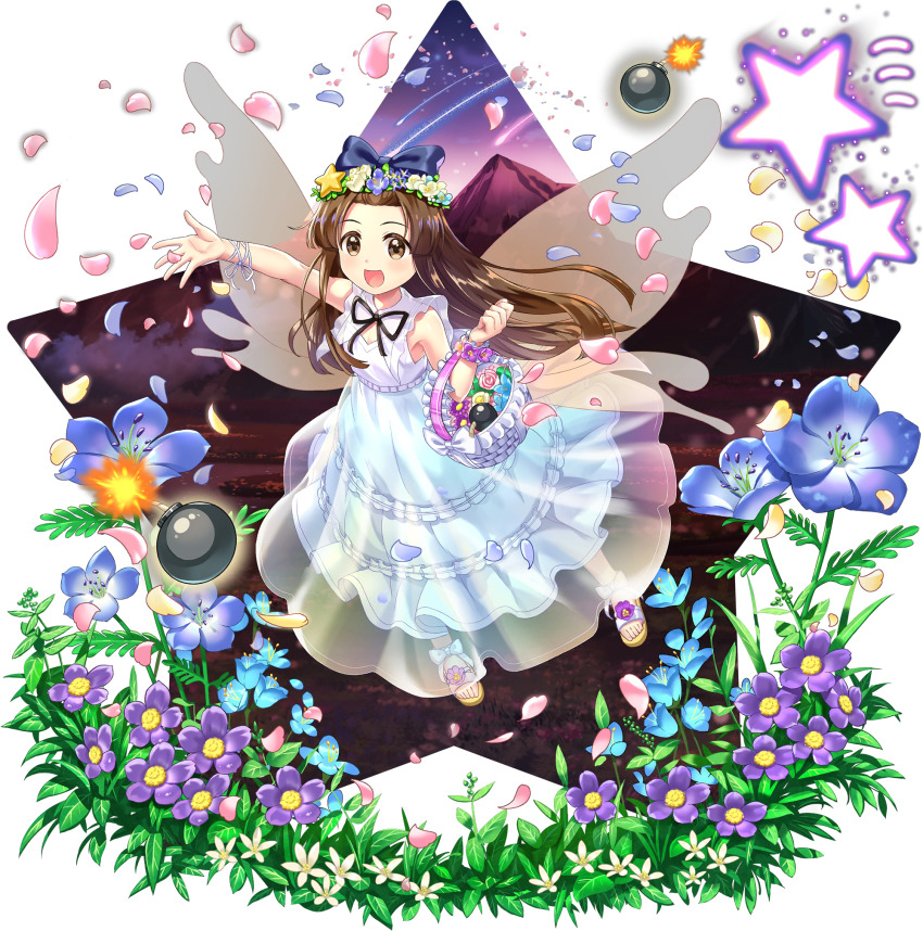 1girl :d alternate_costume basket blue_bow blue_flower bomb bow breasts brown_eyes brown_hair cleavage dress dusk elbow_carry explosive fairy fairy_wings falling_petals falling_star flower flower_request flower_wreath footwear_flower full_body game_cg hair_bow hair_ornament head_wreath highres holding holding_basket leaf long_hair looking_at_viewer mountain neck_ribbon nemophila_(flower) official_art open_mouth petals pink_flower pink_petals purple_flower ribbon rotte_(1109) see-through_clothes shooting_star smile solo star_(symbol) star_hair_ornament star_sapphire star_sapphire_(white_star_fairy) third-party_source touhou touhou_lostword transparent_background very_long_hair white_dress white_flower wings yellow_petals