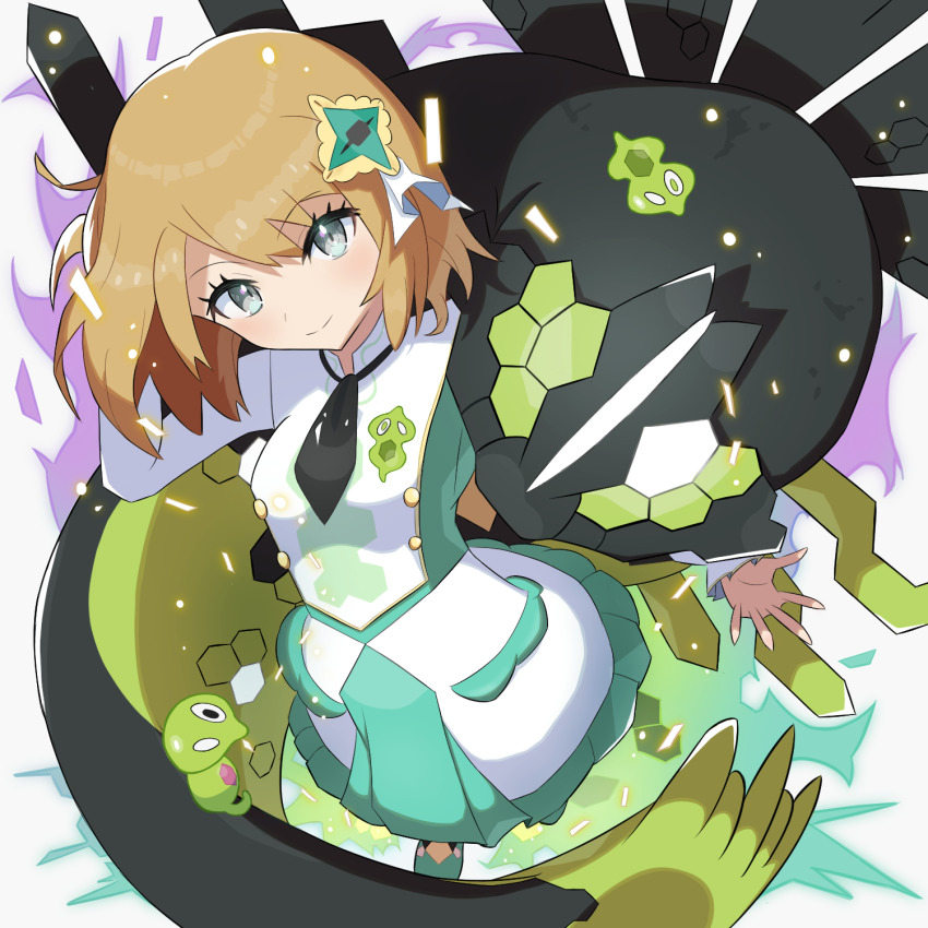 1girl ascot commentary_request dress gen_6_pokemon green_footwear grey_eyes highres kamiya_(fsck3847) legendary_pokemon light_brown_hair long_sleeves looking_at_viewer nintendo official_alternate_costume pokemon pokemon_(creature) pokemon_masters_ex serena_(pokemon) serena_(sygna_suit)_(pokemon) short_hair white_dress zygarde zygarde_(50%) zygarde_cell zygarde_core