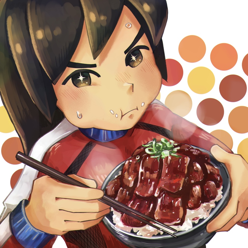 +_+ 1boy absurdres black_hair blush bowl brown_eyes brown_hair chopsticks commentary eating food food_on_face gyuudon highres holding holding_food jacket looking_at_viewer male_focus mii_(nintendo) mii_brawler mii_brawler_(smash_ultimate) nintendo nyo02921978 rice shirt simple_background solo steam super_smash_bros. sweat track_jacket upper_body