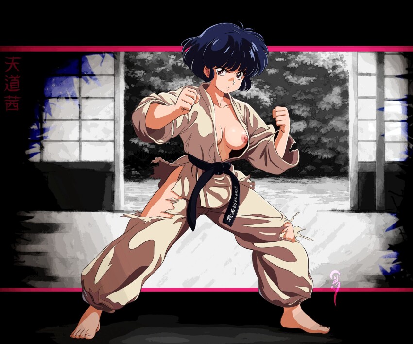 1girl barefoot belt black_belt black_border blue_hair border breast_slip breasts brown_eyes character_name clenched_hands collarbone commentary dojo english_commentary feet fighting_stance foliage full_body highres indoors letterboxed light_frown looking_at_viewer martial_arts_belt medium_breasts medium_hair monochrome_background nipples nubrix open_clothes open_door open_shirt outside_border pants ranma_1/2 shirt solo tendou_akane toes torn_clothes torn_pants torn_sleeve translated white_pants white_shirt