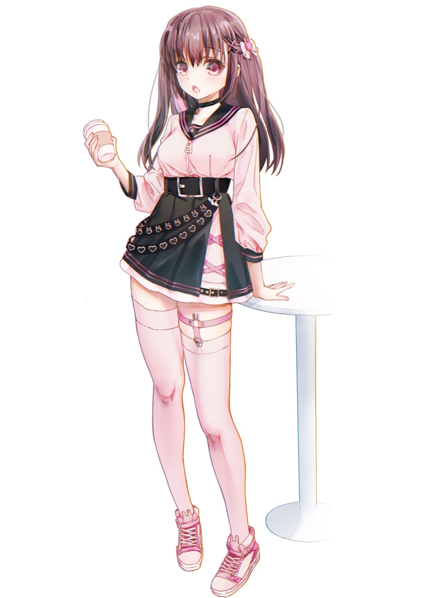 1girl :d animal_print arm_at_side arm_support belt black_belt black_sailor_collar black_skirt blush bow breasts brown_hair chestnut_mouth commentary cup disposable_cup full_body hair_between_eyes hair_bow hair_ornament hand_up heart heart_print high-waist_skirt highres holding holding_cup jirai_kei legs long_hair long_sleeves looking_at_viewer medium_breasts multicolored_hair natsuoto_rito open_mouth original pink_hair pink_shirt pink_shoes pink_thighhighs rabbit_hair_ornament rabbit_print red_eyes sailor_collar shirt shoes simple_background skindentation skirt smile sneakers standing streaked_hair table tachi-e thigh_strap thighhighs thighs two_side_up white_background white_bow x_hair_ornament zettai_ryouiki zipper