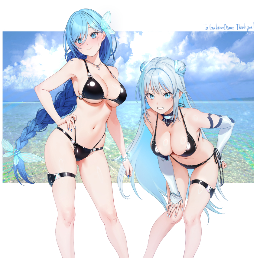 2girls absurdres android beach bikini black_bikini blue_eyes blue_hair bracelet braid breasts butterfly_hair_ornament cloud collarbone crescent double_bun hair_bun hair_ornament highres indie_virtual_youtuber jewelry large_breasts light_blue_hair long_hair mstm multiple_girls nail_polish necklace swimsuit thighs tsukino_diana virtual_youtuber