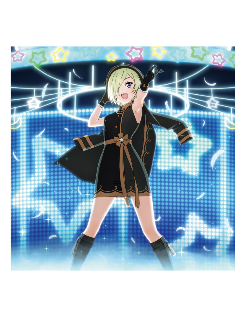 1girl armpits artbook black_dress black_gloves blonde_hair boots dress gloves hair_over_one_eye hat highres jacket jacket_on_shoulders knee_boots looking_at_viewer love_live! love_live!_nijigasaki_high_school_idol_club mia_taylor musical_note non-web_source official_art open_mouth purple_eyes short_hair sleeveless smile solo star_(symbol) yokota_takumi