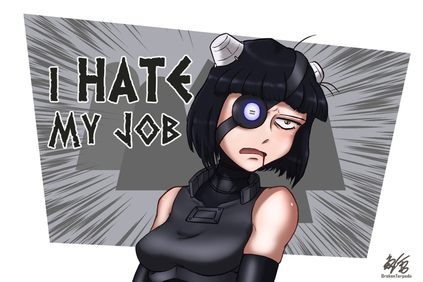 1girl black_hair blood blood_on_face broken_torpedo dalek dalek_sec deadpan doctor_who elbow_gloves english_text eyepatch female_focus gloves looking_at_viewer personification short_hair simple_background solo yellow_eyes