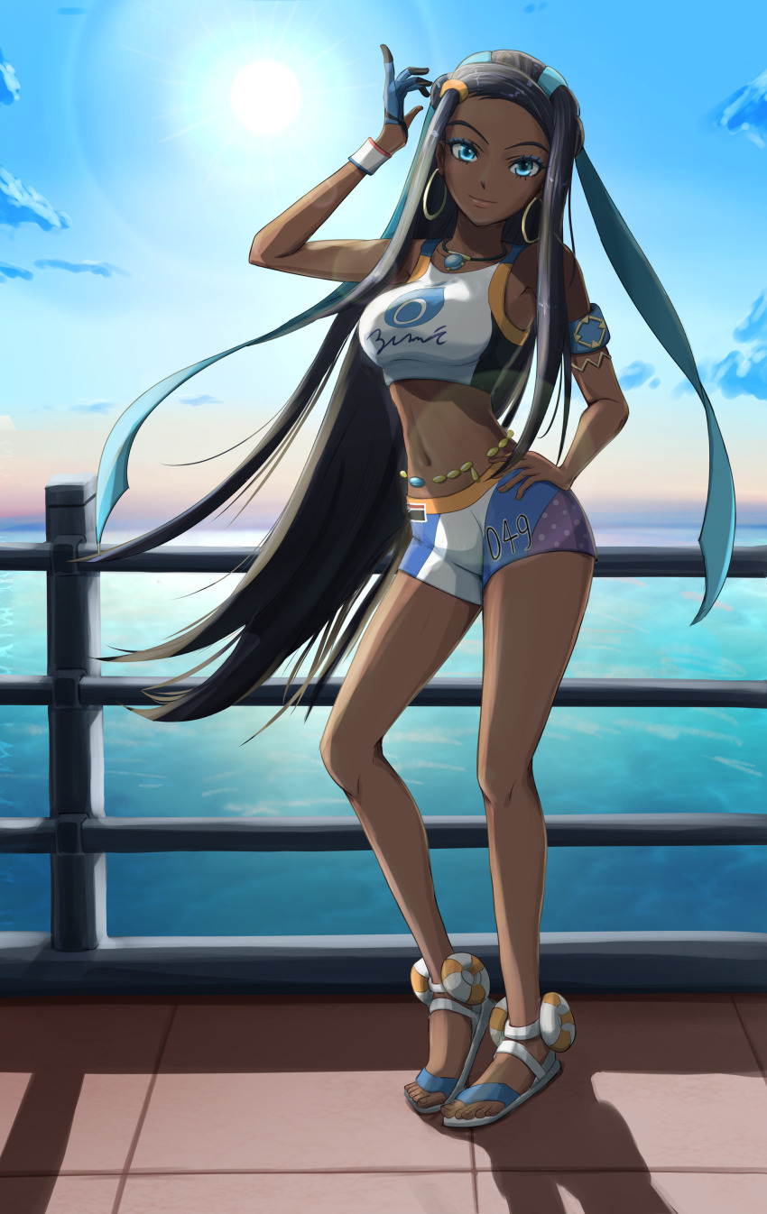 1girl absurdres armband beads bikini blue_eyes blue_hair breasts cloud commentary_request contrapposto crop_top dark-skinned_female dark_skin day earrings female_focus full_body gloves hand_on_own_hip hgus5855 highres hoop_earrings jewelry light_smile long_hair looking_at_viewer medium_breasts midriff multicolored_hair narrow_waist navel necklace nessa_(pokemon) nintendo number_print ocean outdoors pokemon pokemon_swsh railing sandals shadow short_shorts shorts sidelocks single_glove sky smile solo standing sun swimsuit tankini tile_floor tiles two-tone_hair very_long_hair water wristband