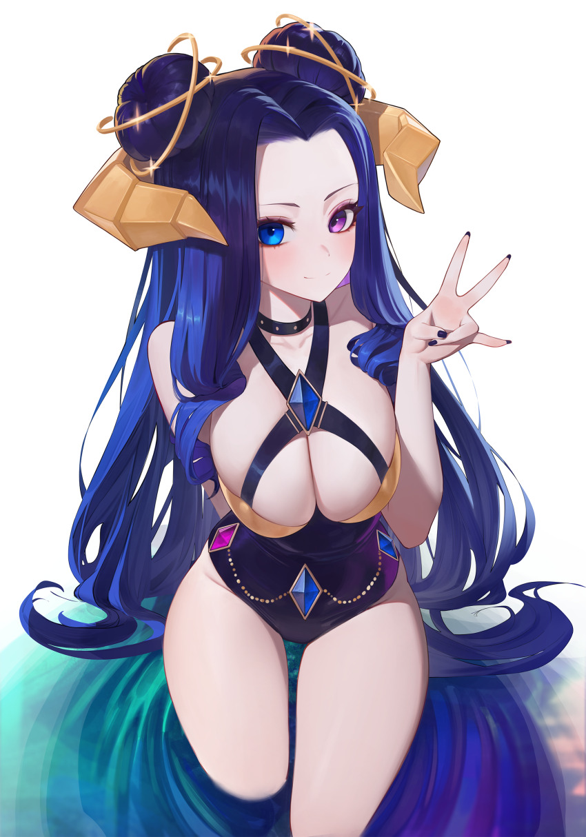 1girl absurdres black_nails blue_eyes blue_gemstone blue_hair blush breasts character_request cleavage closed_mouth commentary commission copyright_request double_bun fingernails forward-facing_horns gem gold_horns hair_bun hair_intakes hand_up hantata heterochromia highres horns large_breasts long_hair looking_at_viewer nail_polish purple_eyes smile solo thighs very_long_hair