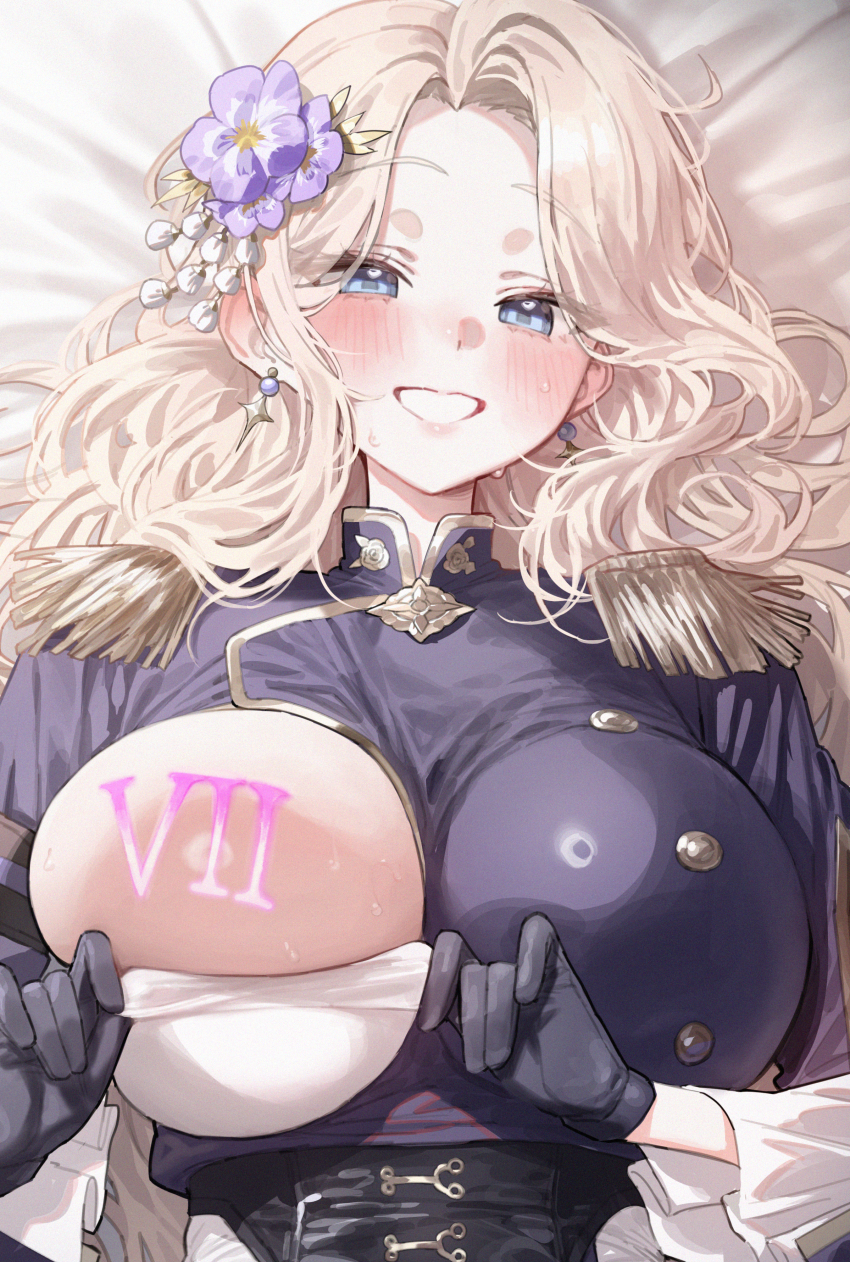 1girl absurdres black_gloves blonde_hair blue_eyes blue_jacket blush breast_tattoo breasts brown_dust_(series) brown_dust_2 clenched_teeth commentary darian_silverstein earrings flower gloves hair_flower hair_ornament highres jacket jewelry large_breasts lying mochirong on_back ring_light_reflection roman_numeral smile solo sweat symbol-only_commentary tattoo teeth