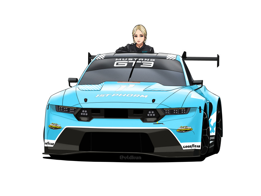 1girl absurdres black_shirt blonde_hair blue_car brown_eyes car collared_shirt commentary earbuds earphones english_commentary ford ford_mustang ford_mustang_s650 goodyear highres looking_at_viewer motor_vehicle proton_competition race_vehicle racecar shirt solo spoiler_(automobile) sponsor vehicle_focus vlad_kuzmin world_endurance_championship