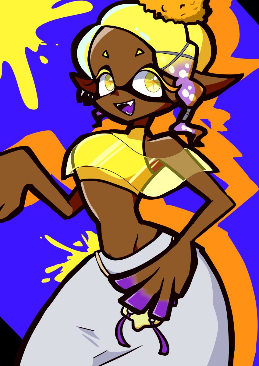 absurdres blonde_hair colored_extremities colored_eyelashes crop_top dark-skinned_female dark_skin fangs frye_(splatoon) gradient_hair highres inkling kagayaki1379 multicolored_hair nintendo open_mouth pointy_ears shawl splatoon_(series) splatoon_3 yellow_eyes yellow_shawl