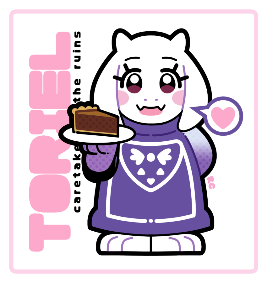 1girl :d artsy-rc blush_stickers cake cake_slice dress fangs food furry furry_female heart highres holding holding_plate looking_at_viewer open_mouth plate purple_dress skin_fangs smile solo spoken_heart standing toriel undertale