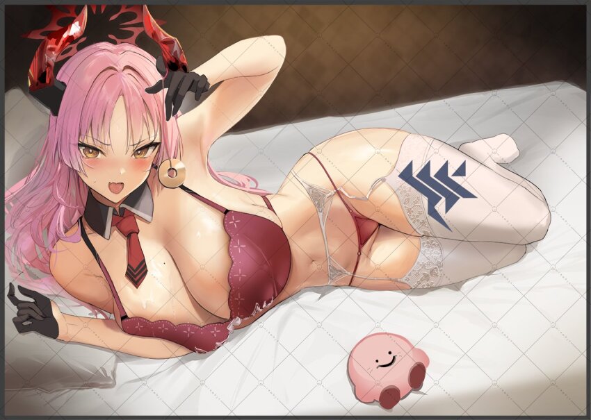 1girl black_gloves blue_archive bra breasts character_doll cleavage doll garter_belt garter_straps gloves halo horns kirby kirby_(series) large_breasts long_hair mole mole_on_breast necktie nintendo on_bed panties pink_hair porroll red_bra red_necktie red_panties satsuki_(blue_archive) underwear white_garter_belt white_garter_straps