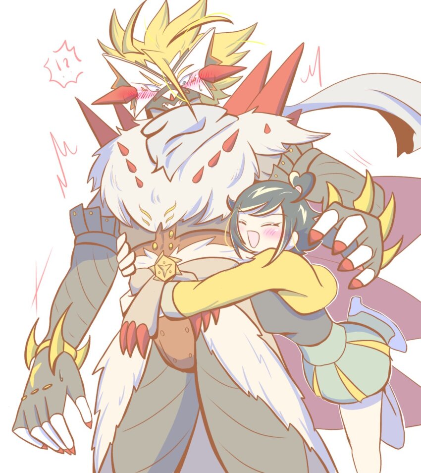 black_hair blonde_hair blush digimon digimon_(creature) digimon_rearise embarrassed female_protagonist_(digimon_rearise) highres hug multicolored_hair rasenmon short_hair