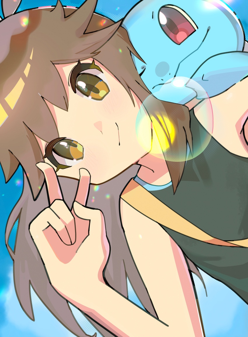 1girl absurdres bag blue_background brown_eyes brown_hair gen_1_pokemon green_(pokemon) highres nintendo on_shoulder pokemon pokemon_(creature) pokemon_lgpe pokemon_on_shoulder rasoso_(wyzx4524) shirt shoulder_bag sleeveless sleeveless_shirt squirtle v