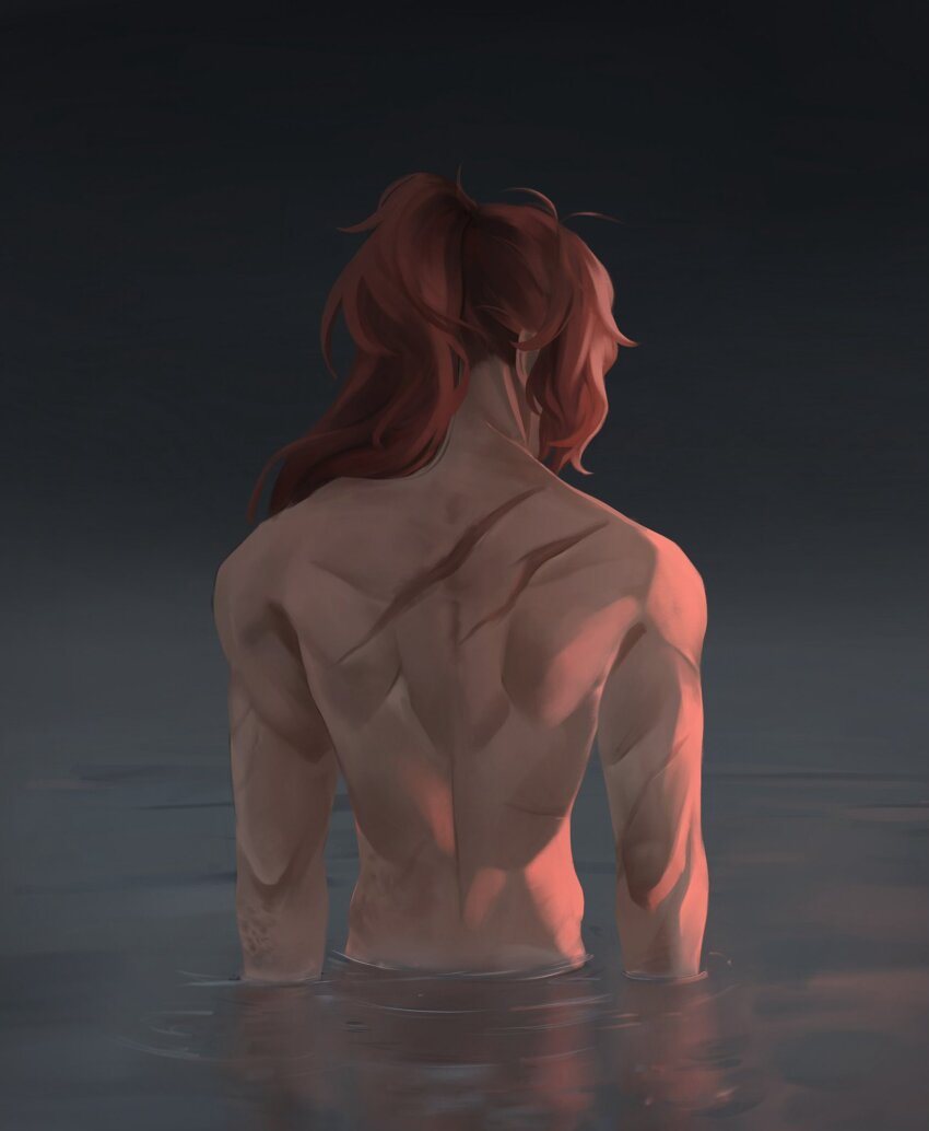 1boy back back_muscles commentary diluc_(genshin_impact) dimples_of_venus english_commentary from_behind genshin_impact highres long_hair male_focus nude partially_submerged paseravine ponytail red_hair ripples scar scar_on_back solo water