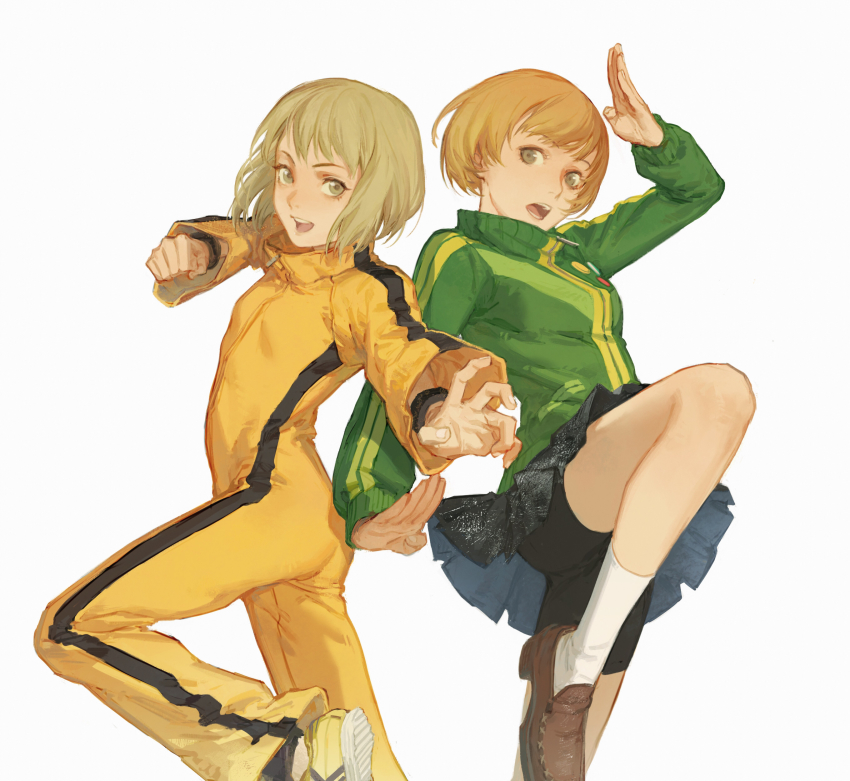 2girls absurdres ass bike_shorts black_shorts black_skirt breasts brown_footwear brown_hair clenched_hand creamyghost dragon_kid fighting_stance green_eyes green_hair green_jacket grey_background hand_up highres jacket jumpsuit loafers long_sleeves looking_at_viewer multiple_girls open_mouth persona persona_4 satonaka_chie shoes short_hair shorts simple_background skirt small_breasts sneakers socks standing standing_on_one_leg tiger_&amp;_bunny trait_connection upskirt white_legwear yellow_jumpsuit yellow_shoes