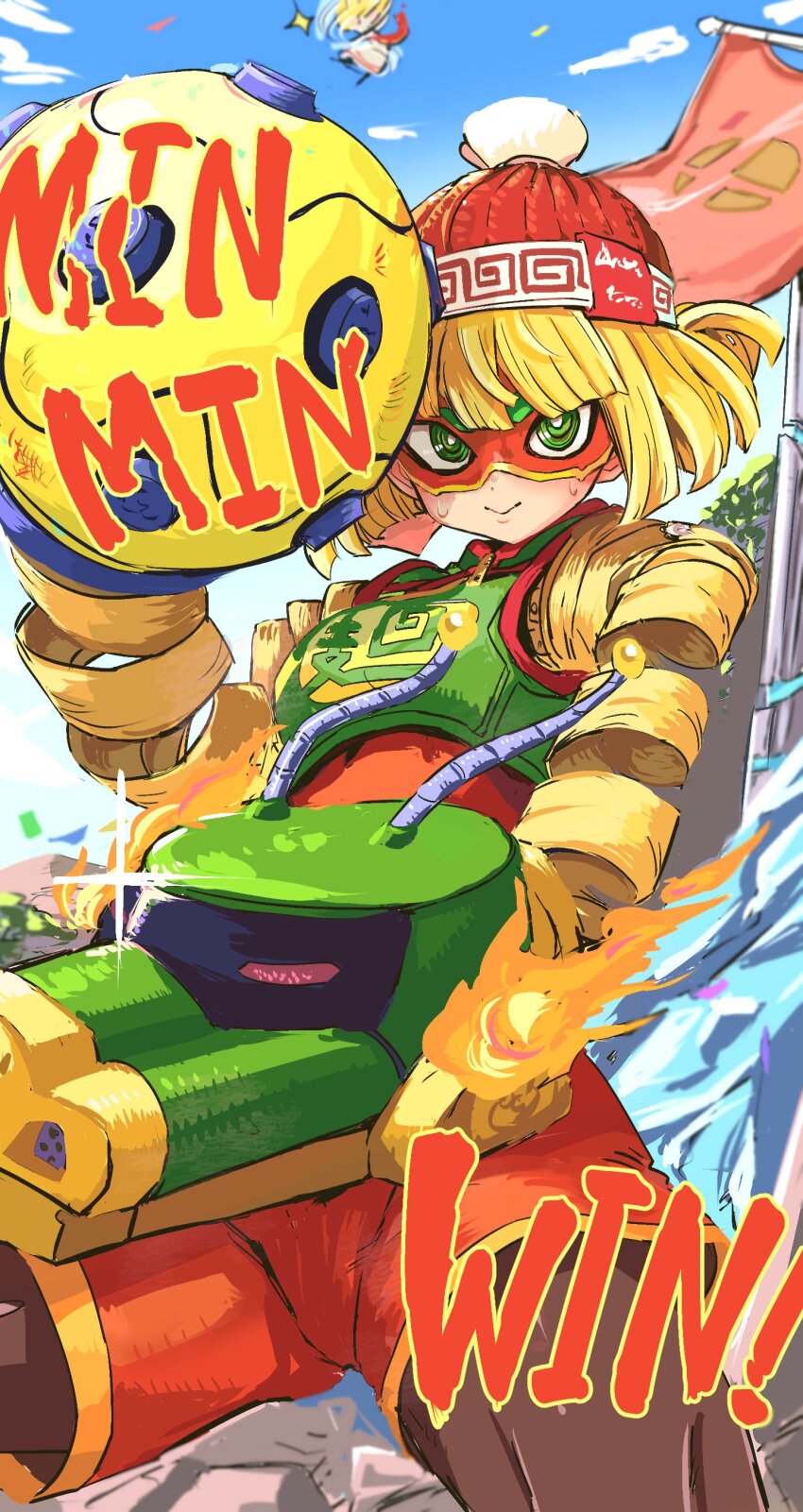 1girl @_@ absurdres arms_(game) banner beanie blonde_hair blunt_bangs bob_cut bright_pupils character_name dragon_(arms) fire green_eyes hat highres ishijimajirou leggings_under_shorts logo looking_at_viewer megawatt_(arms) min_min_(arms) nintendo orange_shorts short_hair shorts smile solo super_smash_bros. sweat white_pupils
