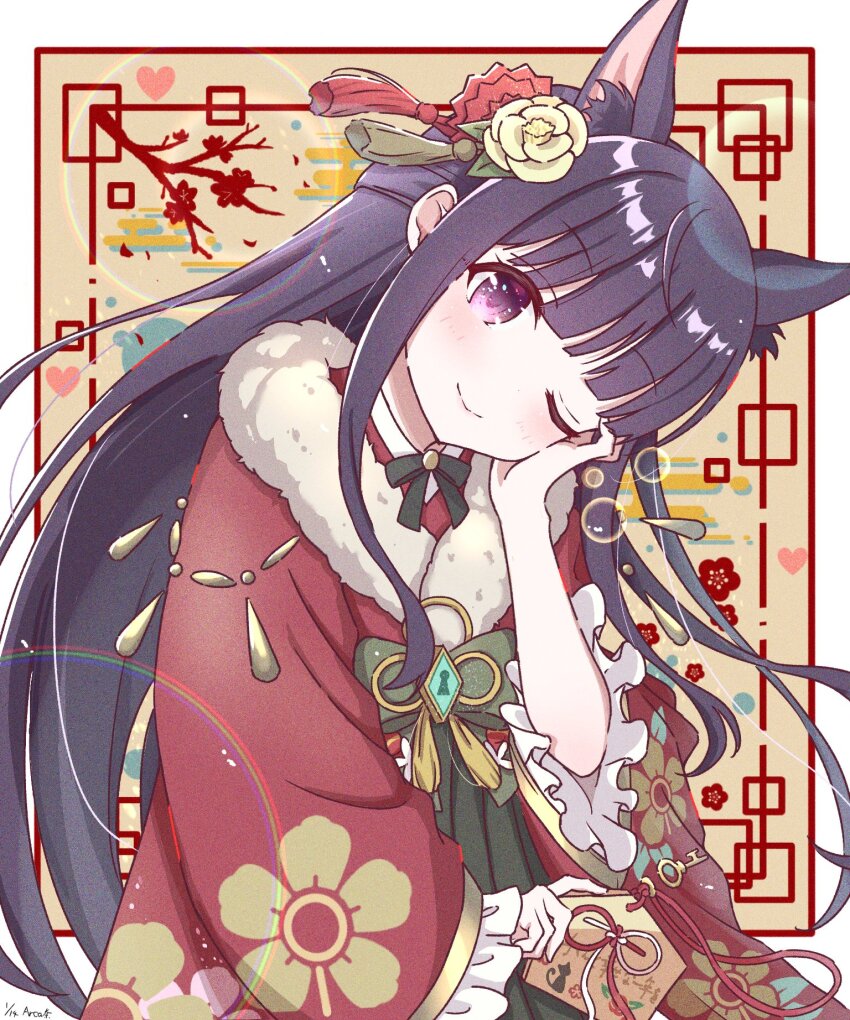 1girl animal_ears black_hair blunt_bangs dog_ears ema floral_print flower foolforpriconne frilled_kimono frills fur-trimmed_kimono fur_trim hair_flower hair_ornament hakama hakama_skirt highres japanese_clothes kasumi_(new_year)_(princess_connect!) kasumi_(princess_connect!) kimono long_hair obi one_eye_closed princess_connect! red_kimono sash skirt solo very_long_hair