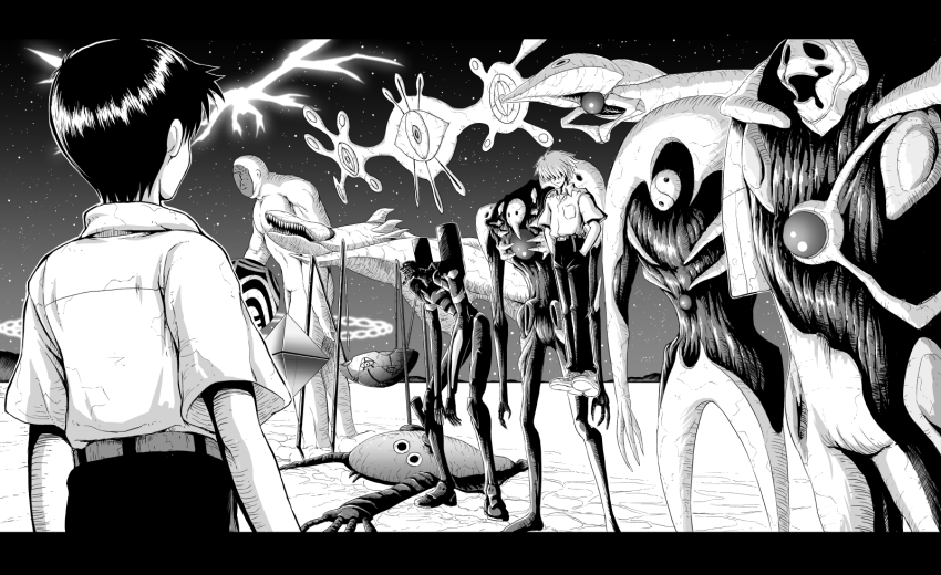 2boys amai_yadoraki angel_(evangelion) arael armisael_(evangelion) bardiel_(evangelion) black_hair creature eva_03 evangelion_(mecha) floating from_behind gaghiel_(evangelion) giant giant_monster glowing greyscale hair_over_eyes hands_in_pockets highres ikari_shinji israfel_(evangelion) leliel_(evangelion) lilith_(evangelion) matariel mecha monochrome monster multiple_boys nagisa_kaworu neon_genesis_evangelion ramiel_(evangelion) robot sachiel_(evangelion) sahaquiel_(evangelion) sandalphon_(evangelion) school_uniform shamshel_(evangelion) shirt short_hair short_sleeves sky smile star_(sky) starry_sky tokyo-3_middle_school_uniform upper_body white_hair white_shirt zeruel_(evangelion)