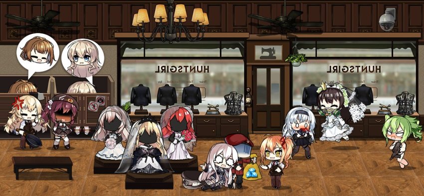 1boy 6+girls anger_vein angry apron bag beret black_hairband blonde_hair blood blush breasts bridal_veil brown_hair cabinet calico_m950 calico_m950a ceiling_fan ceiling_light character_request chibi closed_eyes commander_(girls&#039;_frontline) commentary covering_breasts covering_privates crying crying_with_eyes_open dark_skin dollar_sign dress dressing_room english_commentary flower flying fnc_(girls&#039;_frontline) formal_clothes frying_pan gas_mask gem girls&#039;_frontline gloom_(expression) green_hair griffin_&amp;_kryuger_military_uniform grizzly_mkv_(girls&#039;_frontline) gun hair_between_eyes hair_ribbon hairband handgun hat helical_magazine high-capacity_magazine indoors jacket kalina_(girls&#039;_frontline) kar98k_(girls&#039;_frontline) lamp large_breasts long_hair long_sleeves m950a_(girls&#039;_frontline) mannequin mask messy_hair multiple_girls necktie nosebleed o_o open_mouth pantyhose pistol pointing ponytail purple_hair red_hair red_ribbon respirator ribbon s.a.t.8_(girls&#039;_frontline) saiga-12_(girls&#039;_frontline) scarecrow_(girls&#039;_frontline) scissors shaded_face shop shopping short_hair side_ponytail skirt smile speech_bubble submachine_gun suit tears the_mad_mimic thighhighs thunder_(girls&#039;_frontline) veil very_long_hair weapon wedding_dress white_hair window