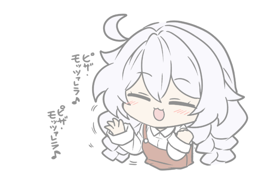 1girl :d blush braid brown_dress chibi closed_eyes collared_shirt dress dress_shirt grey_hair hair_between_eyes hands_up honkai_(series) honkai_impact_3rd kiana_kaslana long_hair long_sleeves low_twintails nabeiro_kin open_mouth shirt simple_background sleeveless sleeveless_dress sleeves_past_wrists smile solo translation_request twin_braids twintails very_long_hair white_background white_shirt