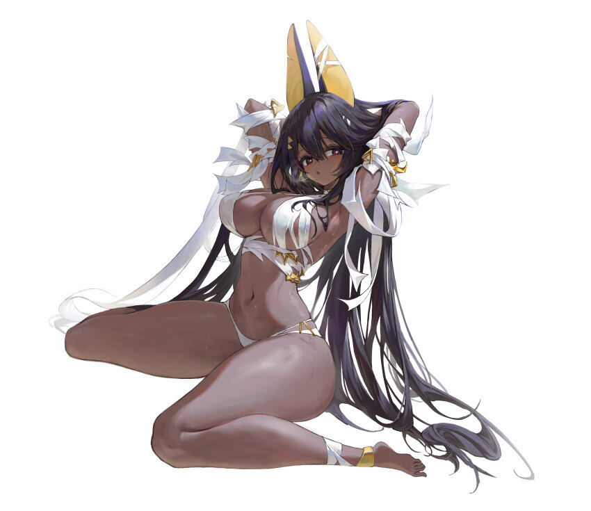 1girl absurdres animal_ears anklet anubis_(mythology) armpits arms_behind_head arms_up bandages bare_legs barefoot bikini bikini_bottom_only black_eyes black_hair blush breasts breath chestnut_mouth cleavage colored_inner_animal_ears commentary dark-skinned_female dark_skin full_body gold hair_between_eyes hair_ornament heavy_breathing highres jackal_ears jackal_girl jewelry large_breasts long_hair looking_at_viewer multi-strapped_bikini_bottom navel original parted_lips sango_30 sideboob simple_background sitting solo stomach sweat swimsuit thick_thighs thighs triangle_hair_ornament underboob underbust very_long_hair very_sweaty wariza white_background yellow_pupils