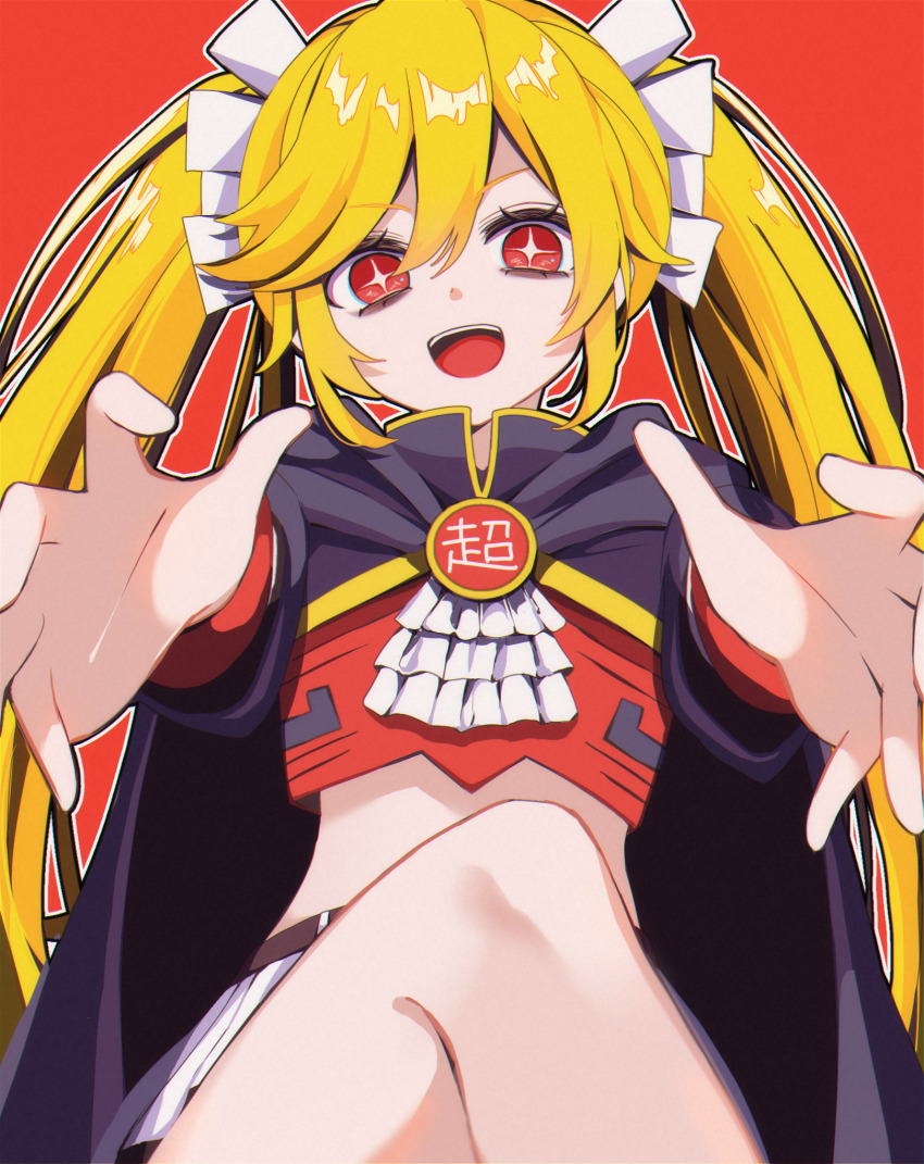 1girl akunin09 ascot black_cape blonde_hair cape choushujinnkou_(vocaloid) commentary_request crop_top cross-shaped_pupils crossed_legs emblem flat_chest hatsune_miku highres long_hair looking_at_viewer midriff open_mouth pleated_skirt reaching reaching_towards_viewer red_background red_eyes red_shirt red_wrist_cuffs shirt simple_background skirt solo symbol-shaped_pupils teeth twintails upper_teeth_only vocaloid white_ascot white_skirt wrist_cuffs
