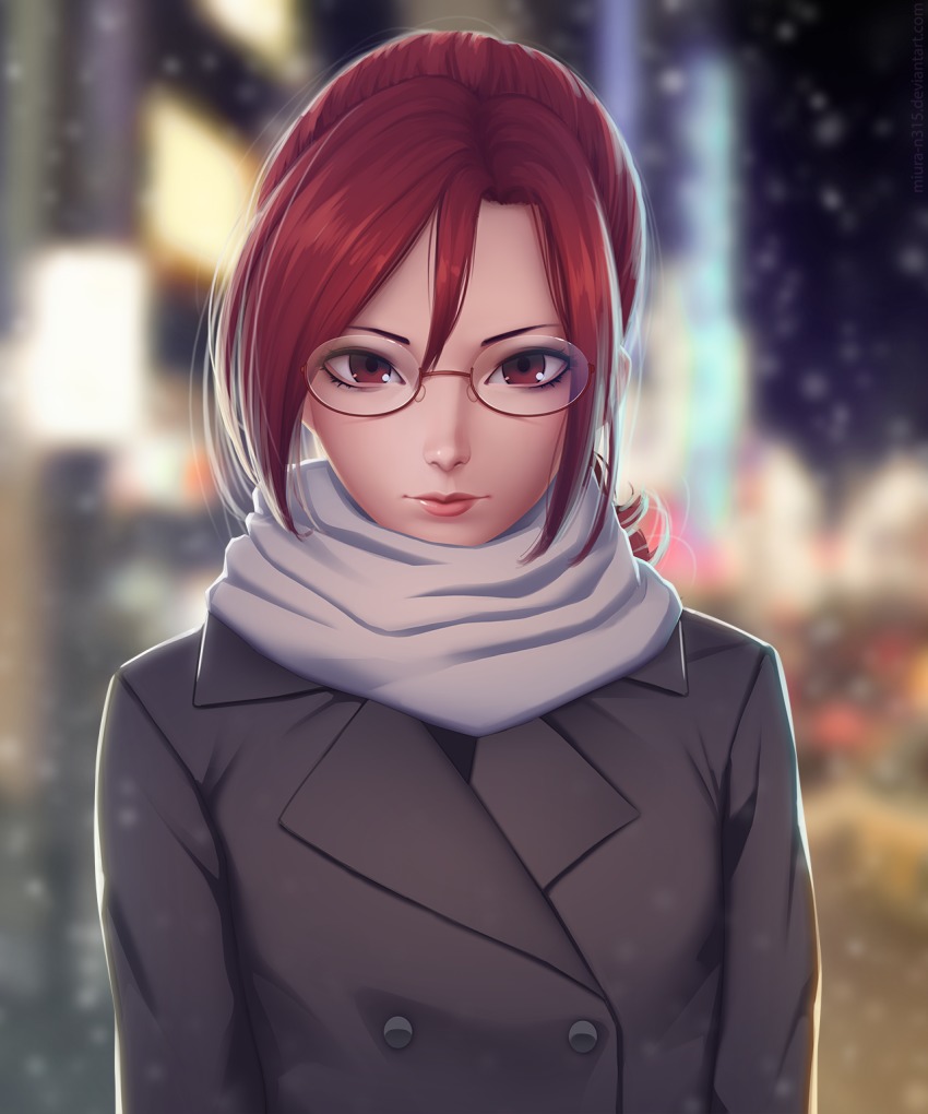 1girl aozaki_touko coat female_focus glasses highres kara_no_kyoukai lips looking_at_viewer miura-n315 night red_eyes red_hair scarf semi-rimless_eyewear snow solo town upper_body winter