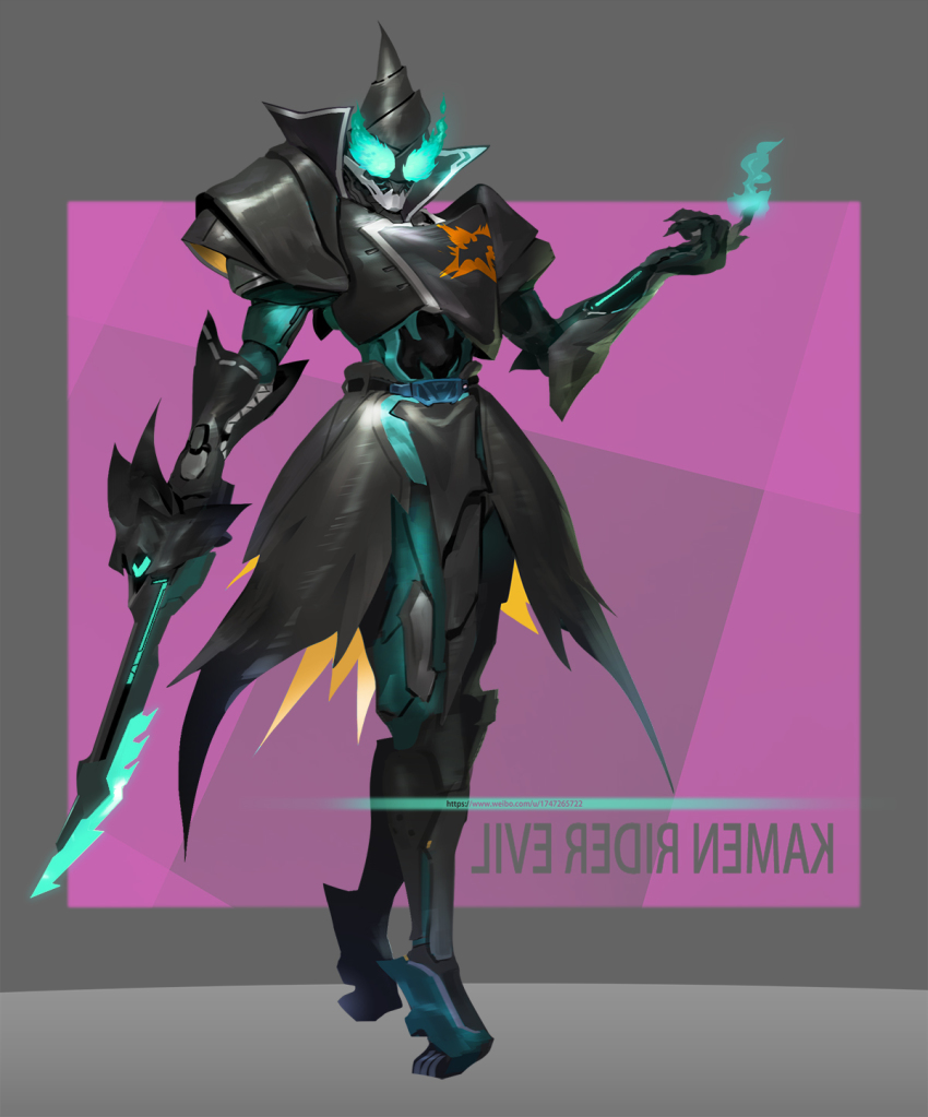 1boy armor bat_(animal) bat_genome chainsword cowboy_shot cowl demon english_text evilblade full_body gauntlets gloves glowing glowing_eyes helmet highres holding holding_weapon kamen_rider kamen_rider_evil kamen_rider_revice male_focus monster monsterification rcj reiwa simple_background solo stylistic weapon zipper