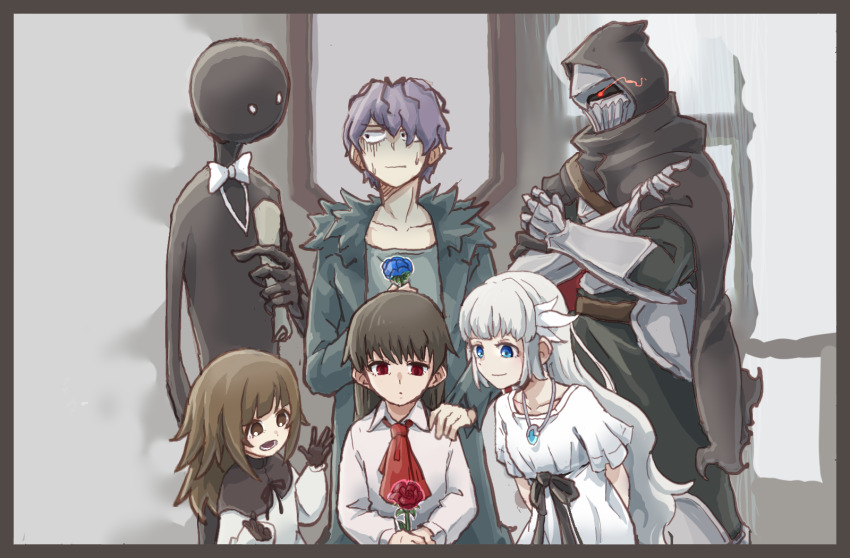3boys 3girls alice_(deemo) armor blue_eyes collarbone commentary_request crossed_arms deemo deemo_(character) ender_lilies_quietus_of_the_knights garry_(ib) glowing glowing_eye grey_hair highres hood hooded_jacket ib_(ib) ib_(kouri) jacket lily_(ender_lilies) multiple_boys multiple_girls red_eyes riva_(wolfox610riva) scroll smile umbral_knight_(ender_lilies)