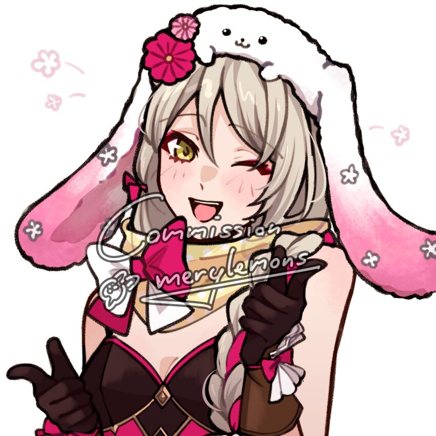 1girl animal_hat blonde_hair braid braided_ponytail breasts brown_gloves commission easter expressive_clothes eyeshadow fire_emblem fire_emblem_engage fire_emblem_heroes framme_(fire_emblem) framme_(spring)_(fire_emblem) gloves hair_over_shoulder hat highres looking_at_viewer makeup merylemons nintendo official_alternate_costume open_mouth pink_eyeshadow pink_hair polka_dot polka_dot_scarf rabbit_hat scarf small_breasts solo yellow_eyes yellow_scarf