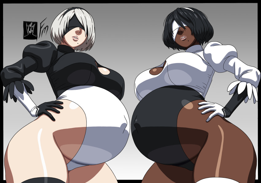 2b_(nier:automata) 2girls 2p_(nier:automata) absurdres big_belly black_hair blindfold breasts cowboy_shot dark-skinned_female dark_skin fungus-man grey_background grey_hair highres large_breasts looking_at_viewer mole mole_under_mouth multiple_girls nier:automata nier_(series) parted_lips pregnant self-upload short_hair simple_background wide_hips