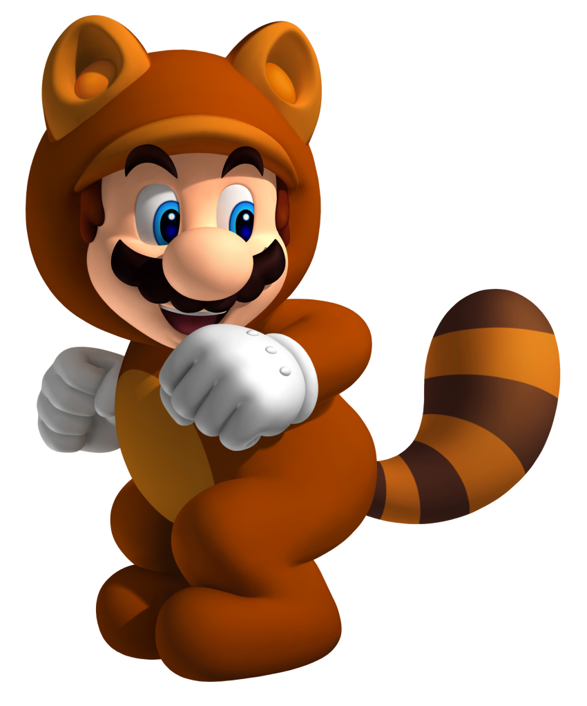 1boy absurdres blue_eyes costume facial_hair highres male_focus mario mario_(series) mustache nintendo official_art smile solo super_mario_3d_land super_mario_bros._1 tail tanooki_mario tanuki