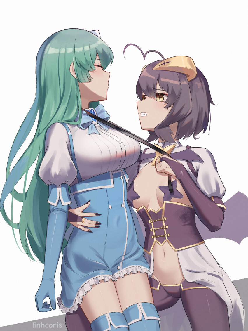 2girls absurdres ahoge black_hair blue_bow blue_bowtie bow bowtie breasts closed_eyes commentary corset cross cross_facial_mark english_commentary facial_mark forward-facing_horns gloves green_hair hand_on_another&#039;s_waist heart-shaped_gem highres hiiragi_utena horns large_breasts leash leash_pull linhcoris long_hair looking_at_another magia_azure magia_baiser magical_girl mahou_shoujo_ni_akogarete minakami_sayo multiple_girls navel pants pasties purple_corset purple_pasties revealing_clothes short_hair simple_background sitting sitting_on_person sitting_on_thigh smile star_(symbol) star_pasties suspenders symbol-shaped_pupils wings yellow_eyes yuri