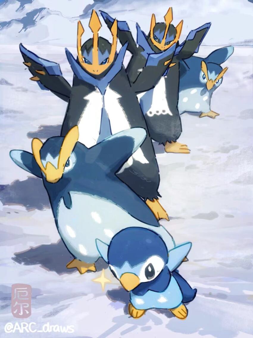 5others arc_draws beak bird empoleon evolutionary_line gen_4_pokemon glaring highres hunched_over leaning_forward looking_at_viewer multiple_others nintendo no_humans outstretched_arms penguin photo-referenced piplup pokemon pokemon_(creature) prinplup snow sparkle wings