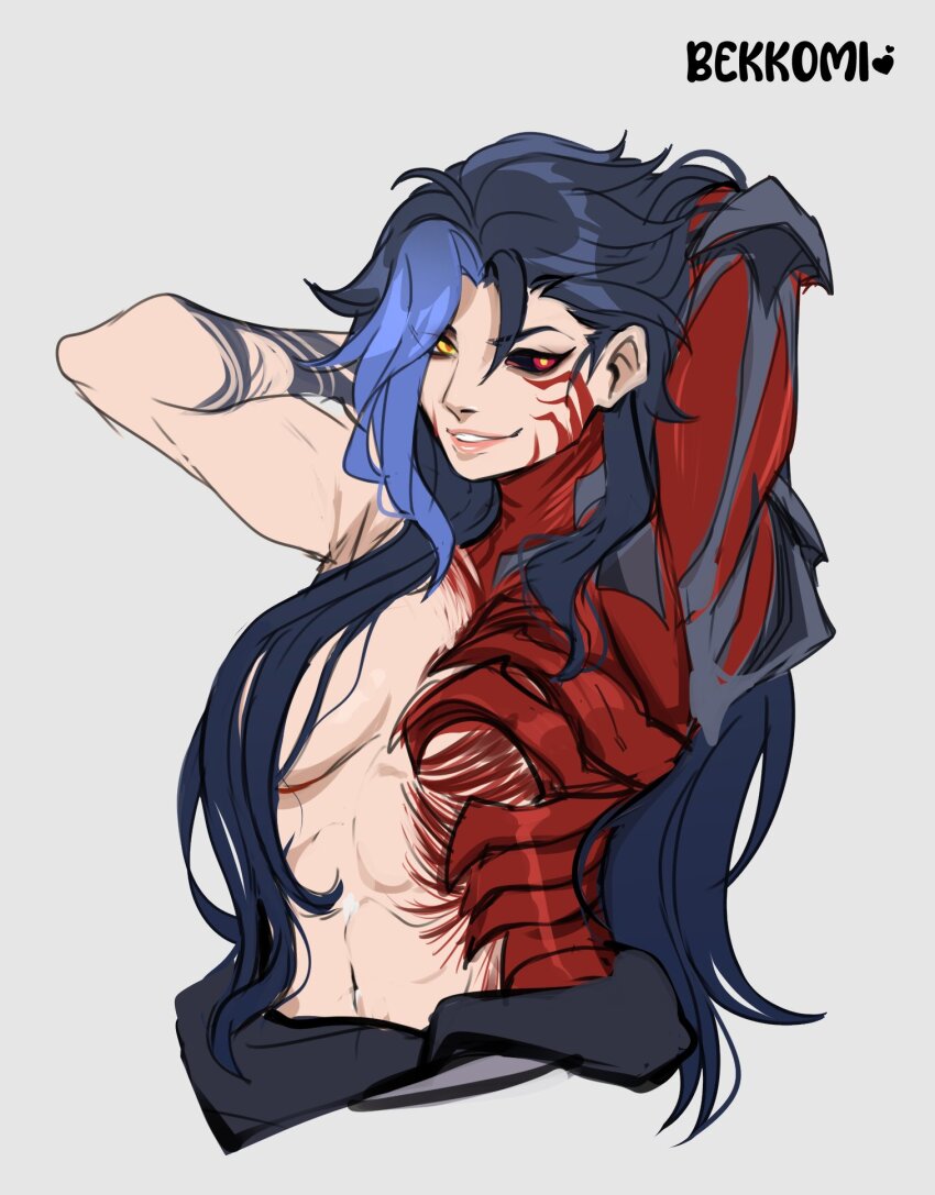1girl artist_name bekkomi black_hair blue_hair breasts colored_skin cropped_torso genderswap genderswap_(mtf) grey_background heterochromia highres kayn_(league_of_legends) league_of_legends long_hair medium_breasts navel red_eyes red_skin simple_background smile solo teeth white_background yellow_eyes
