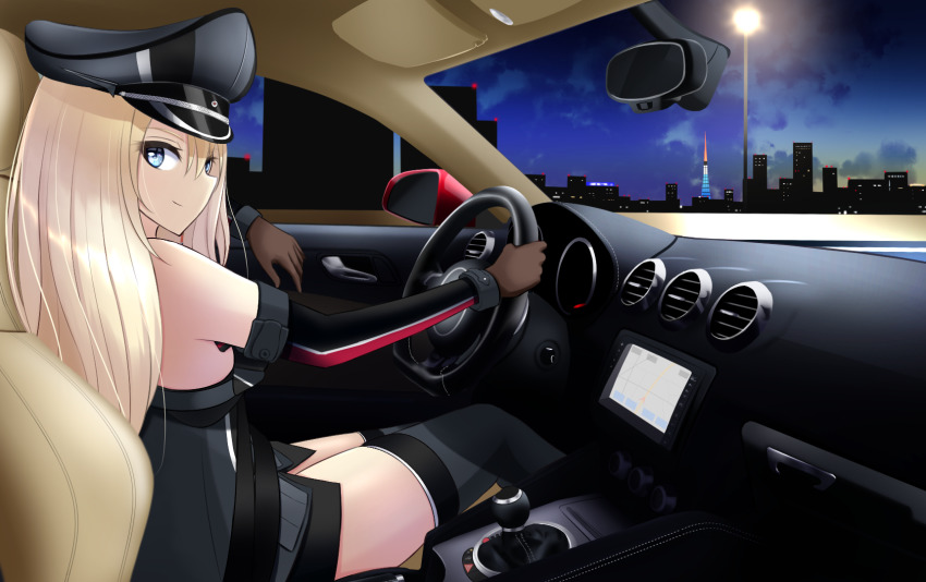 1girl bismarck_(kancolle) blonde_hair blue_eyes brown_gloves car car_interior car_seat cityscape detached_sleeves driving gloves grey_hat grey_thighhighs hat highres kantai_collection long_hair motor_vehicle nokonoko peaked_cap seatbelt sitting solo steering_wheel thighhighs uniform