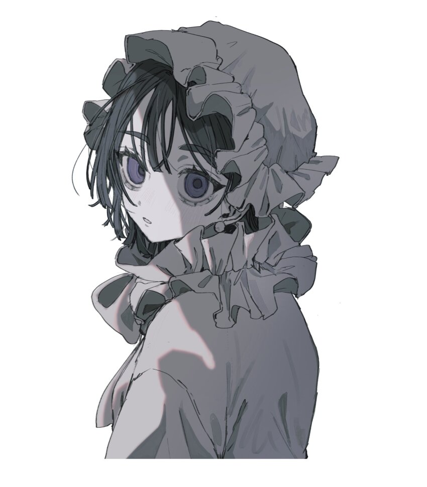 1girl alien_stage black_hair collar dress earrings frilled_collar frills hair_between_eyes hat highres jewelry looking_at_viewer mob_cap purple_eyes saku050524 short_hair simple_background solo sua_(alien_stage) upper_body white_background white_dress