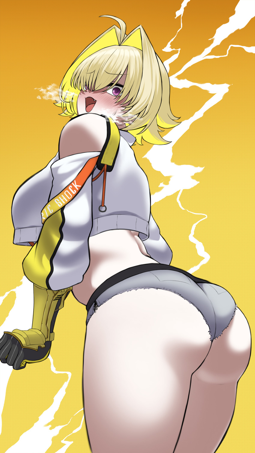 1girl absurdres ahoge ass black_gloves blonde_hair blush breasts clothing_cutout crop_top crop_top_overhang cropped_sweater curvy elegg_(nikke) embarrassed from_behind gloves goddess_of_victory:_nikke grey_shorts hair_intakes hair_over_eyes highres huge_ass kuremon large_breasts leaning_forward long_bangs long_sleeves micro_shorts multicolored_gloves multicolored_hair navel open_mouth purple_eyes shiny_skin short_hair shorts shoulder_cutout skindentation solo sweatdrop sweater thighs two-tone_hair wide_hips yellow_gloves